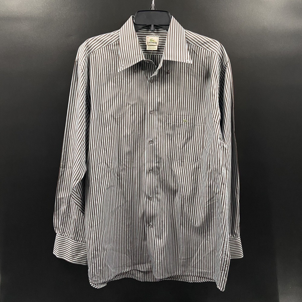Lacoste Button Up Dress Shirt Men FR 44 Long Sleeve Blue & Brown Vertical Stripe